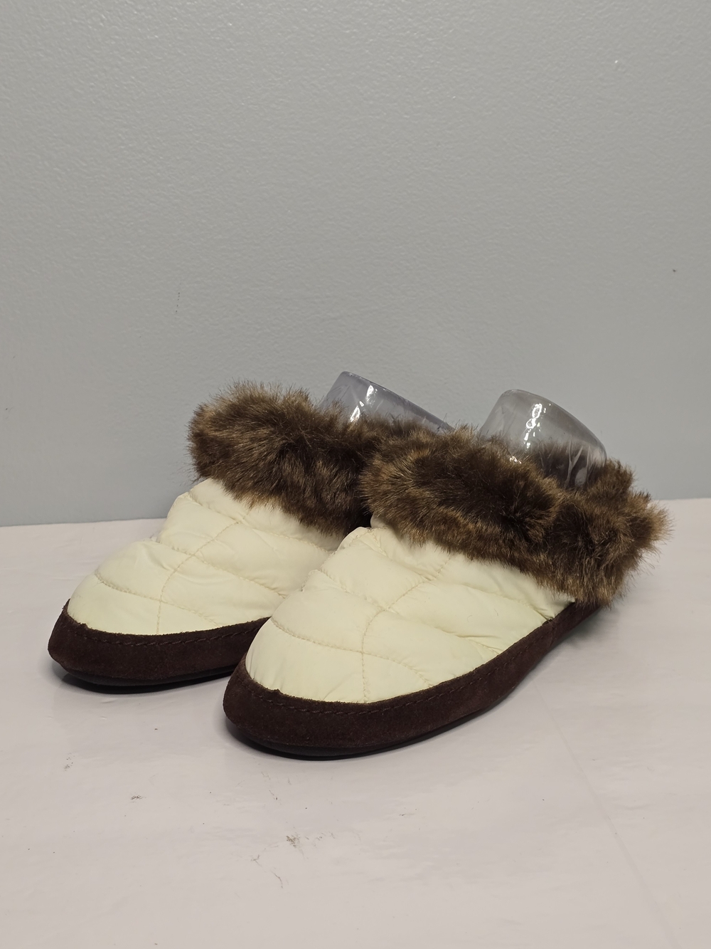 Lands' End Cream Quilted Slip-On Slippers with Brown Faux-Fur Trim